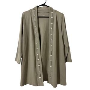 Womens Cardigan Size M Pima Cotton E.L.I Open Front Sage‎ Green Laced Detail